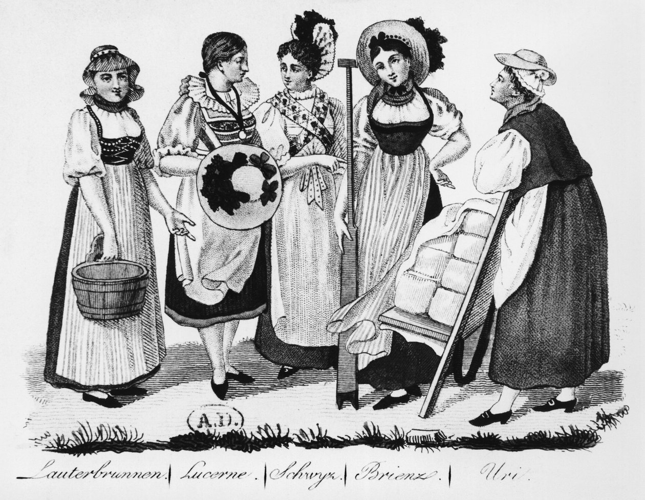 Mujeres suizas con traje tradicional de French School