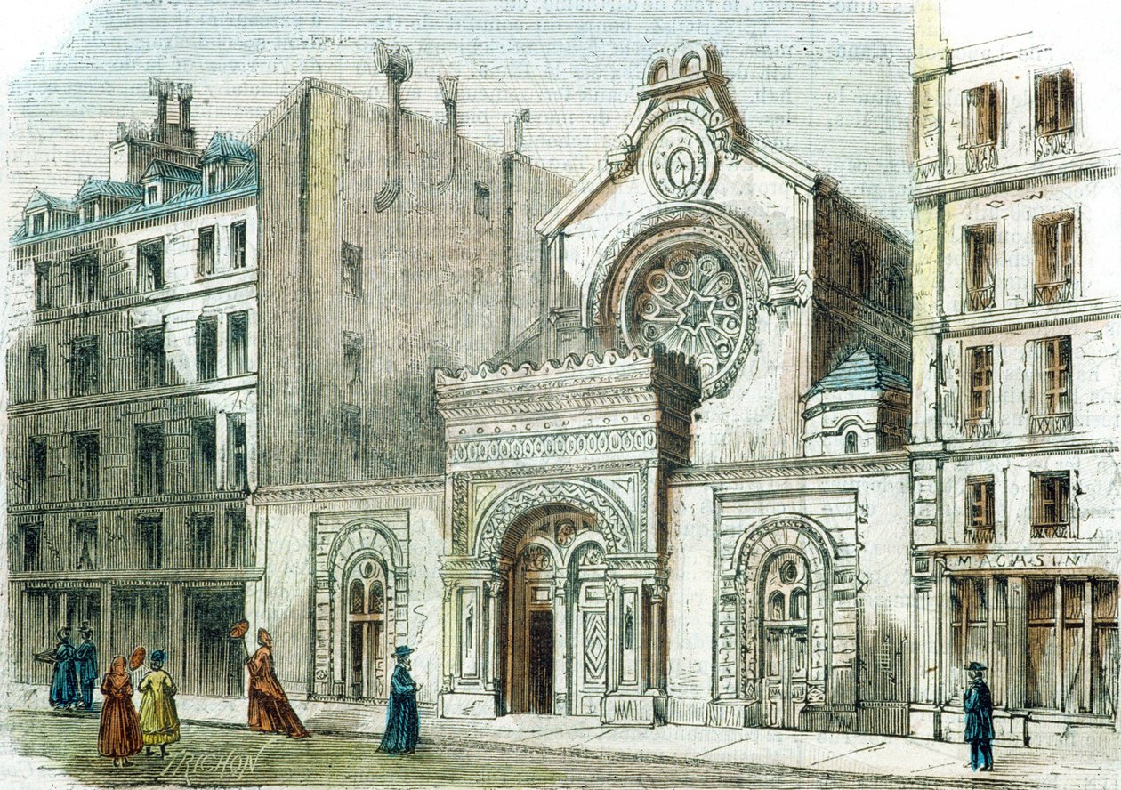 Sinagoga de la calle de la Victoria, París, hacia 1880 (grabado en color) de French School