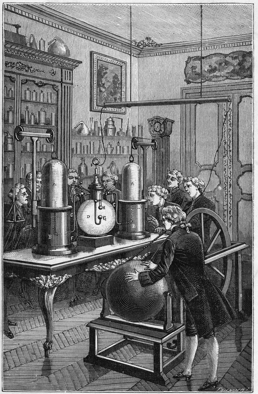 Síntesis del agua por Jean-Baptiste Marie Charles Meusnier de la Place (1754-1793) y Antoine Laurent de Lavoisier (1743-1794) - Grabado en “Ciencias al alcance de todos - física y química” por Alexis Clerc - Finales del siglo XIX de French School