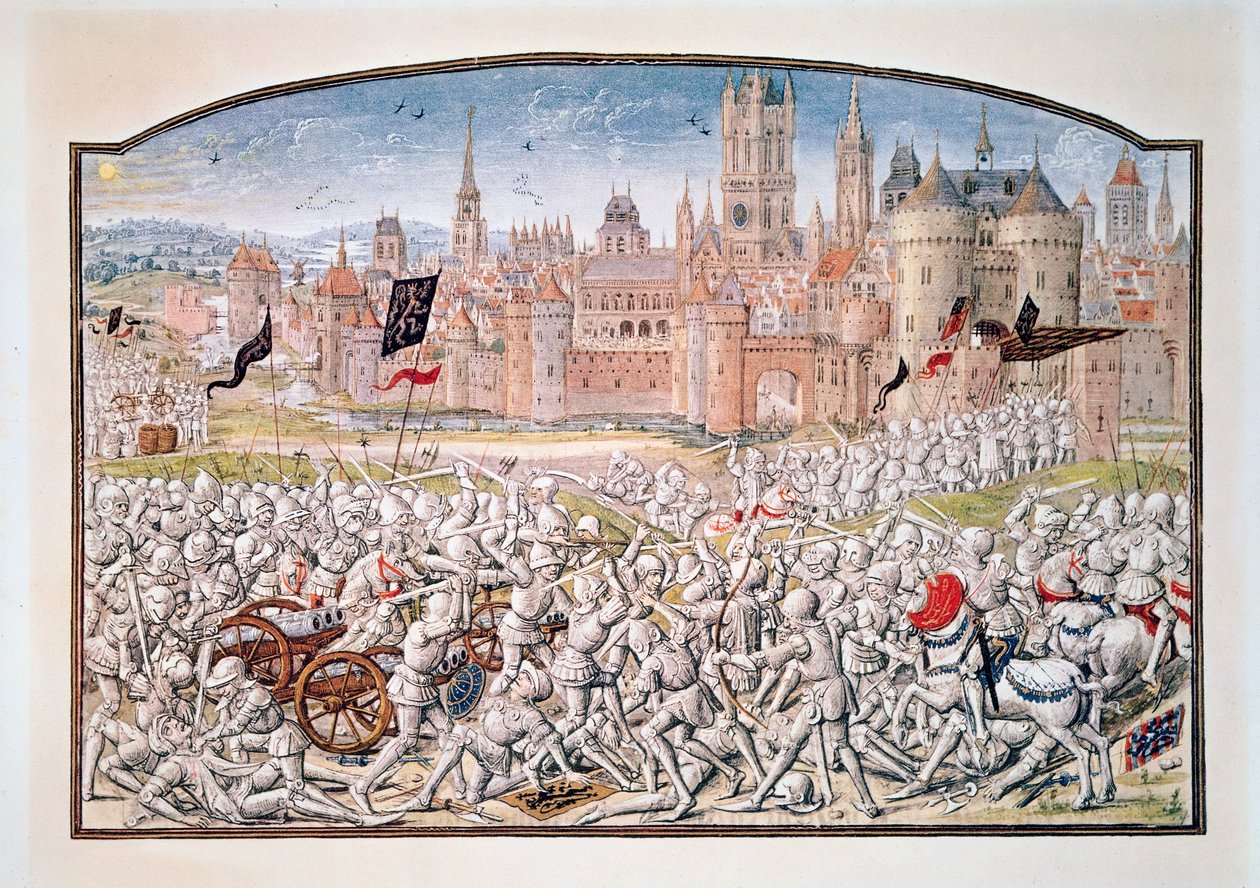 T.2 fol.287 Victoria de los habitantes de Gante liderados por Philipp van Artevelde (1290-1345) antes de Brujas en 1381, de la Crónica de Froissart, 1472 de French School