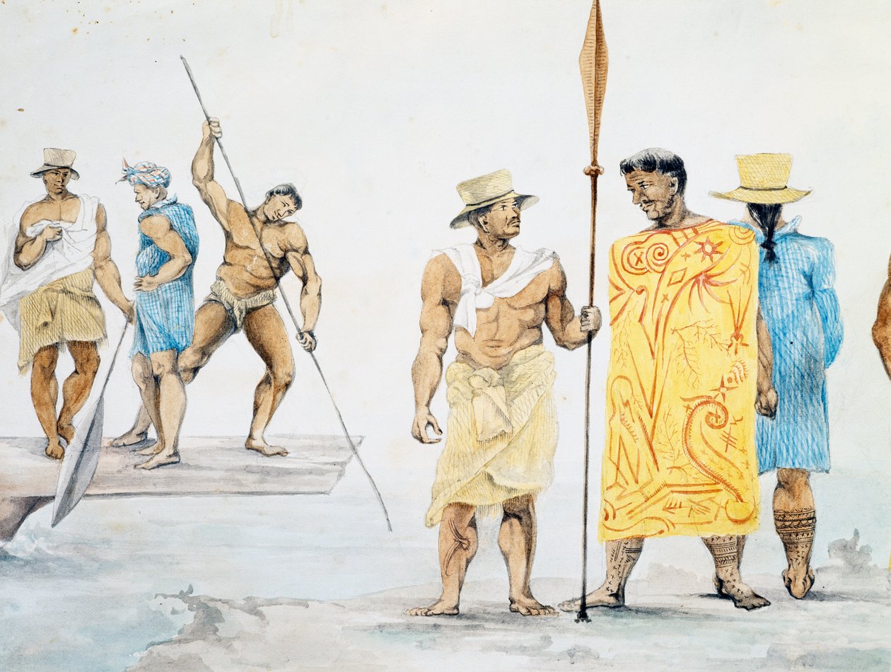 Jefes tahitianos abordando la Coquille, diseño de Jules-Louis Lejeune, basado en el Viaje alrededor del mundo de French School