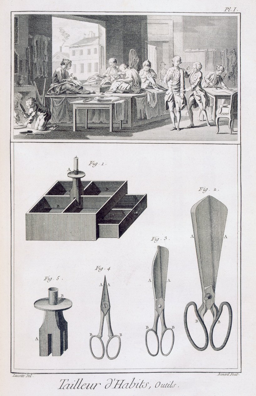 Sastre, de la Encyclopedie des Sciences et Metiers por Denis Diderot, publicado c.1770 de French School