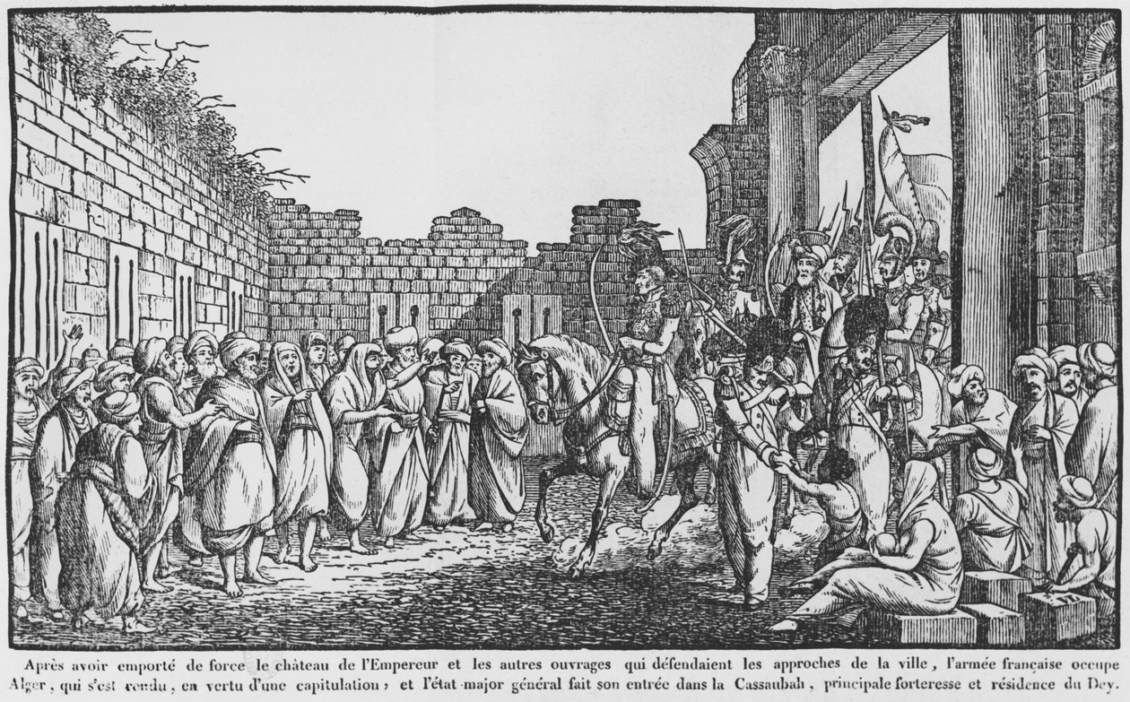 Toma de Argel, el ejército francés entrando en la kasbah, ilustración de un almanaque popular, 1831 de French School