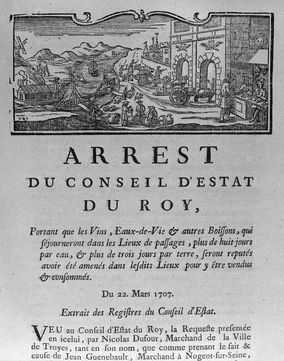 Oficina de Impuestos en la Entrada de una Ciudad para Vinos y Licores, decreto del Consejo de Estado 22 de marzo de 1707, de los Registros del Consejo de Estado de París, 1739 de French School