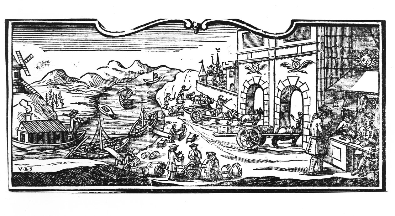Oficina de Impuestos en la Entrada de una Ciudad para Vinos y Licores, decreto del Consejo de Estado 22 de marzo de 1707, de los Registros del Consejo de Estado de París, 1739 (detalle) de French School