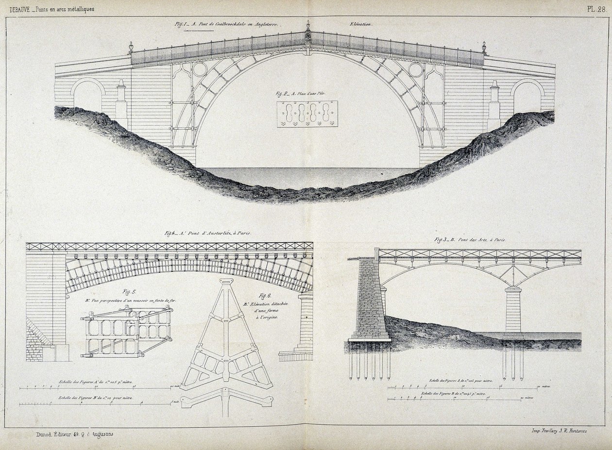 Dibujos técnicos de los puentes de Ironbridge en Coalbrookdale (1779, Inglaterra), Austerlitz y Artes en París, tomados del 