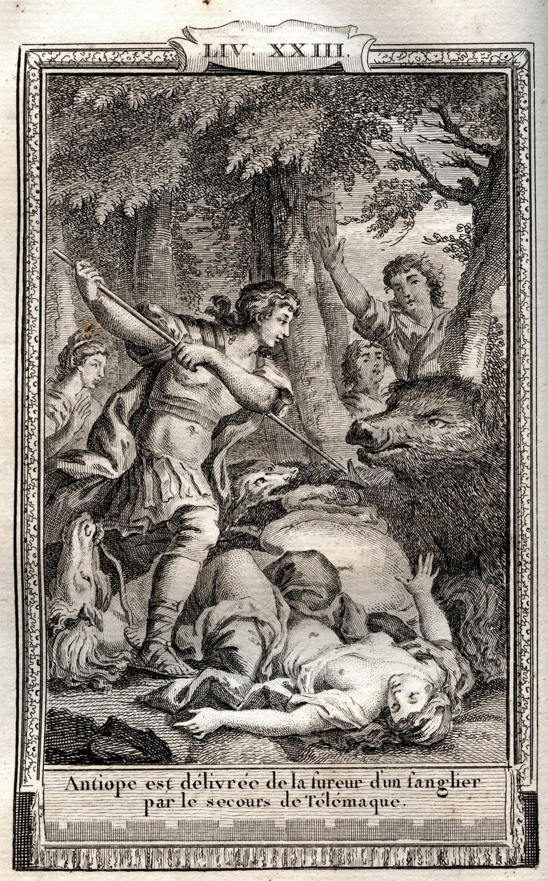 Telémaco libera a Antíope de un jabalí - grabado de 1798 por Monnet en “Les Aventures de Télémaque, fils d