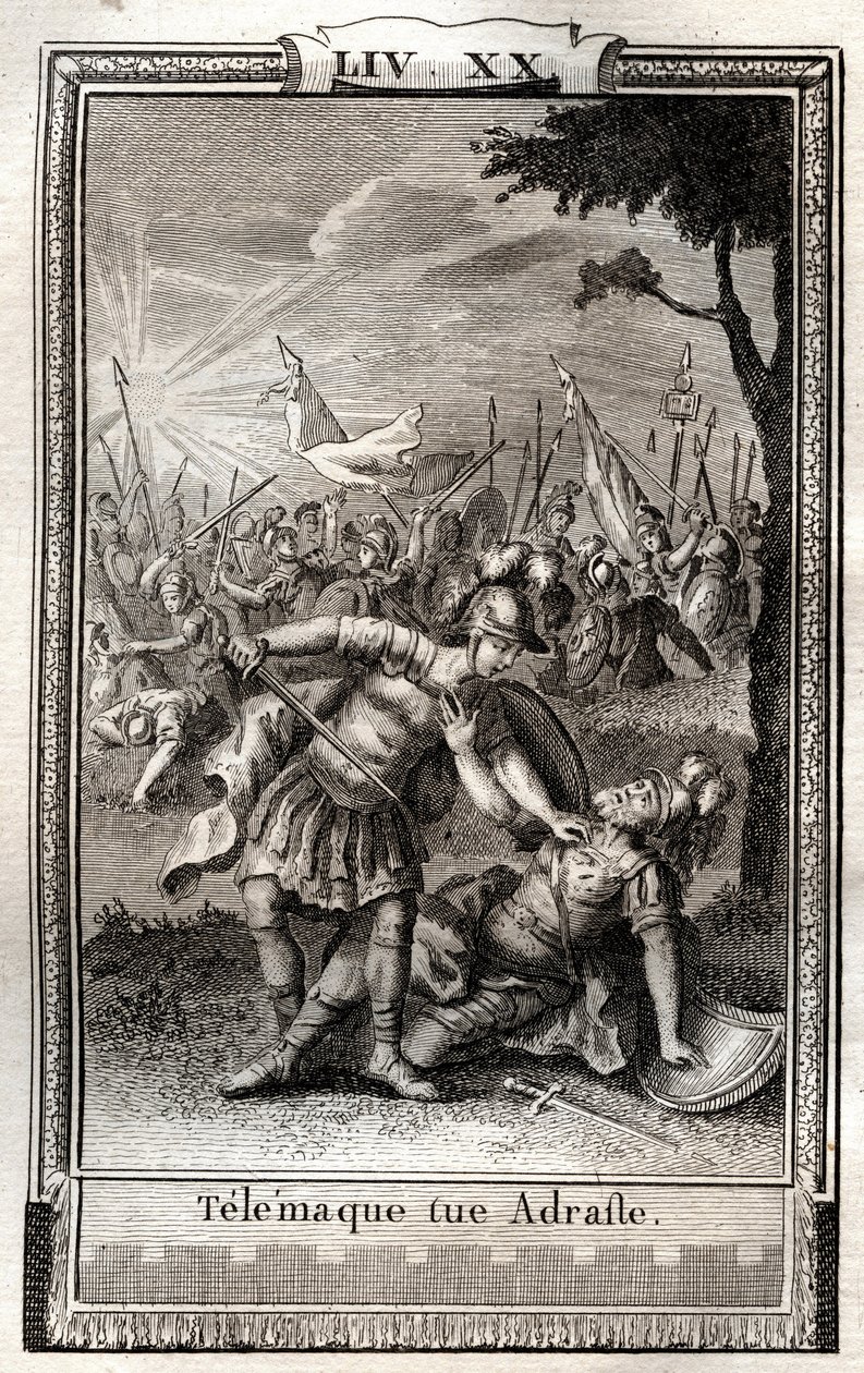 Telémaco mata a Adraste - grabado de 1798 por Monnet en “Las Aventuras de Telémaco, hijo de Ulises” por François de Salignac de La Mothe-Fénelon llamado Fénelon - de French School