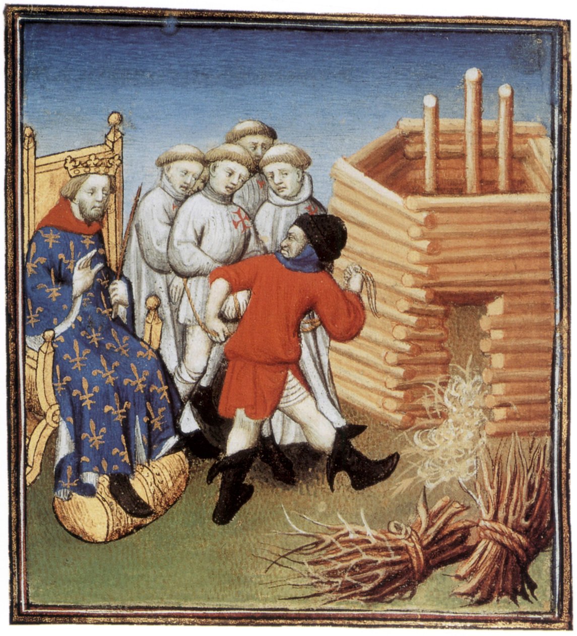 Los templarios van a ser ejecutados bajo la mirada del rey francés Philippe IV le Bel en 1310, iluminación de French School