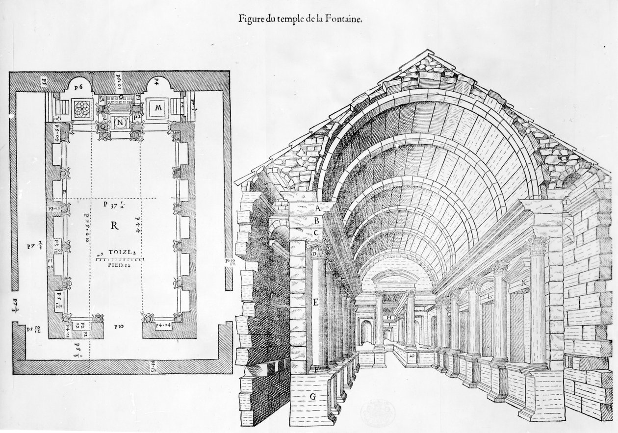 Templo de la Fuente, ilustración de Discours historial de lantique et illustre cite de Nismes de Jean Poldo d