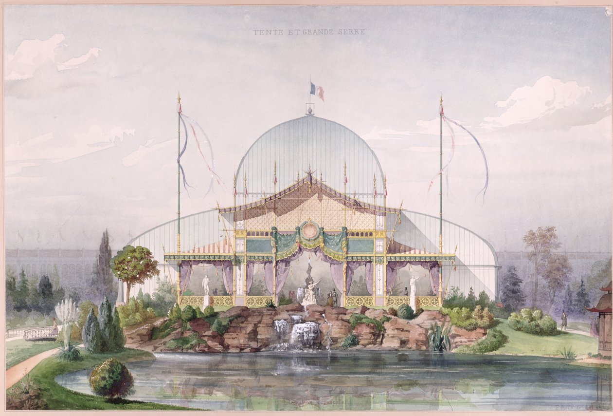 Tienda y Gran Invernadero en el Jardín de la Exposición Universal en París en 1867 de French School