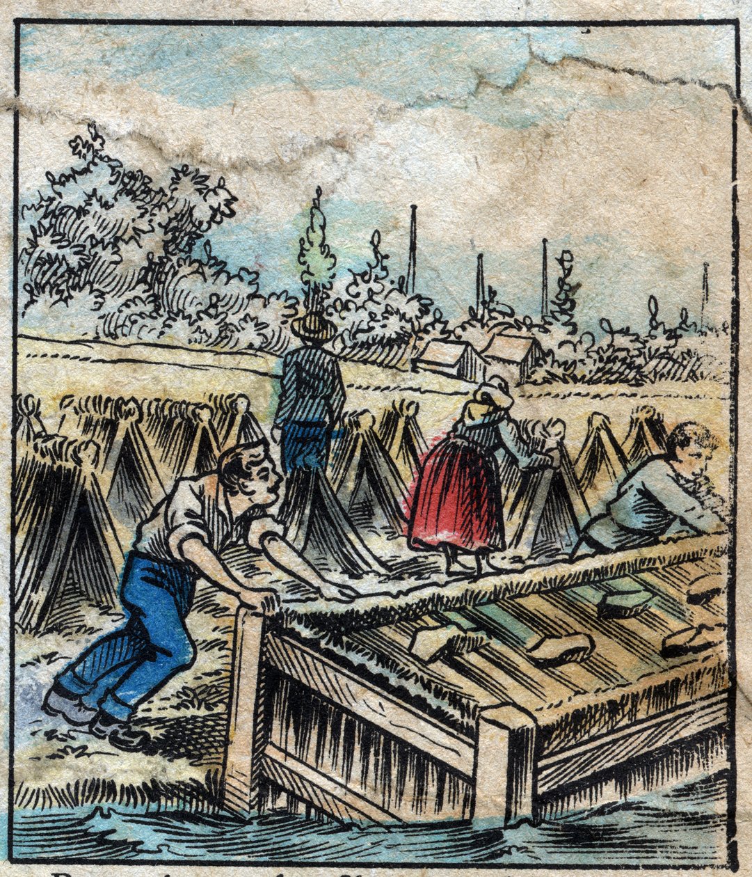 Textil, lino. Óxido de lino: Para separar los filamentos de paja, los haces de lino se sumergen en agua. Grabado. Imagen de Épinal de finales del siglo XIX. de French School