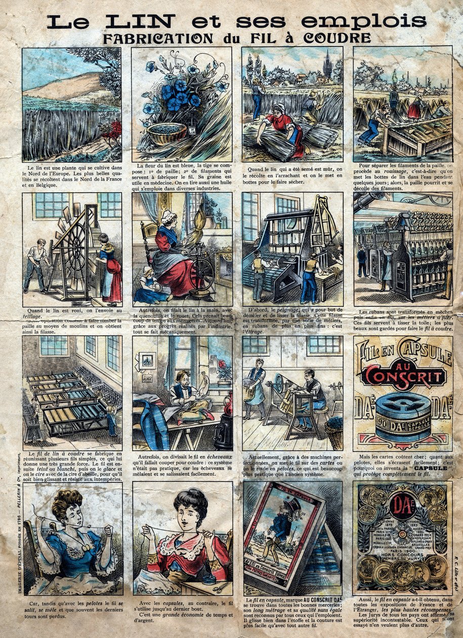 Textil, lino. Los pasos de costura, fabricación, uso y comercialización del lino para hacer hilo de coser. Grabado. Imagen de Epinal de finales del siglo XIX. de French School