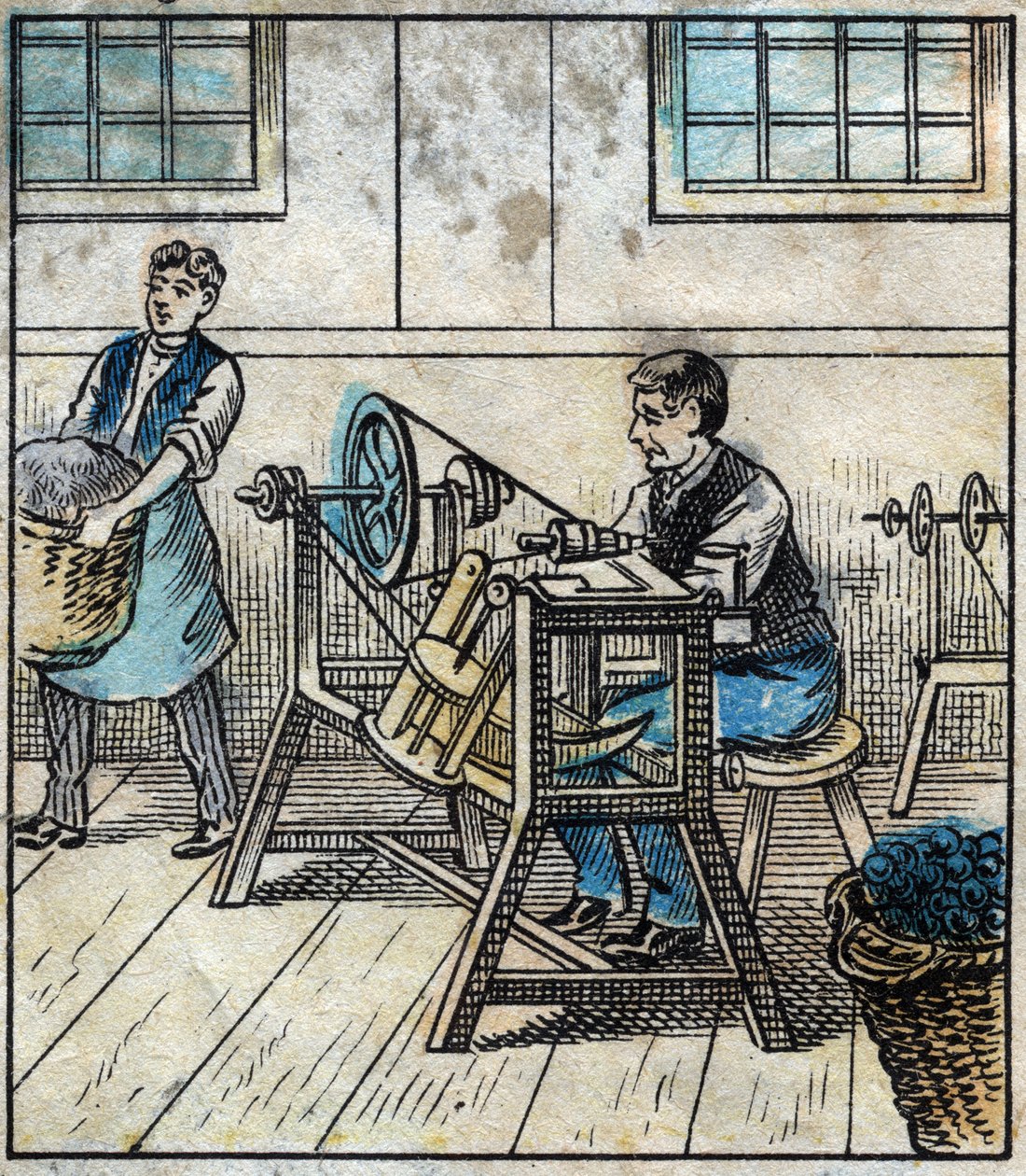 Textil, lino: taller. El hilo de coser se coloca en tarjetas o rollos en una bola. Grabado. Imagen de Épinal de finales del siglo XIX. de French School
