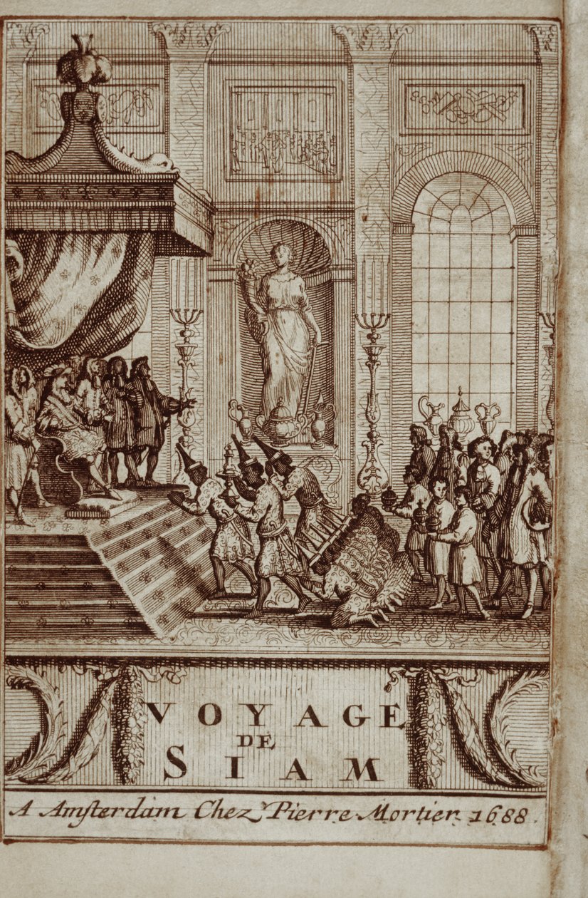 Embajadores tailandeses recibidos en París por Luis XIV, frontispicio de Journey to Siam por Guy Tachard, 1688 de French School