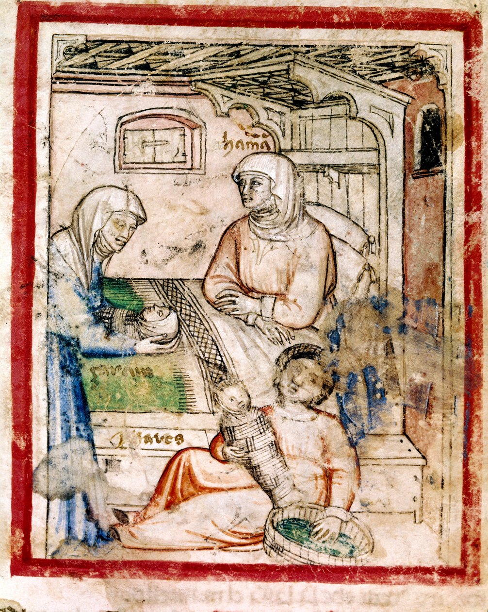 Tamar da a luz a dos gemelos, Perets y Zerah, hijos de Judá, Miniatura del códice 212 (o códice padovano o Biblia de Padua) 1390-1400 de French School