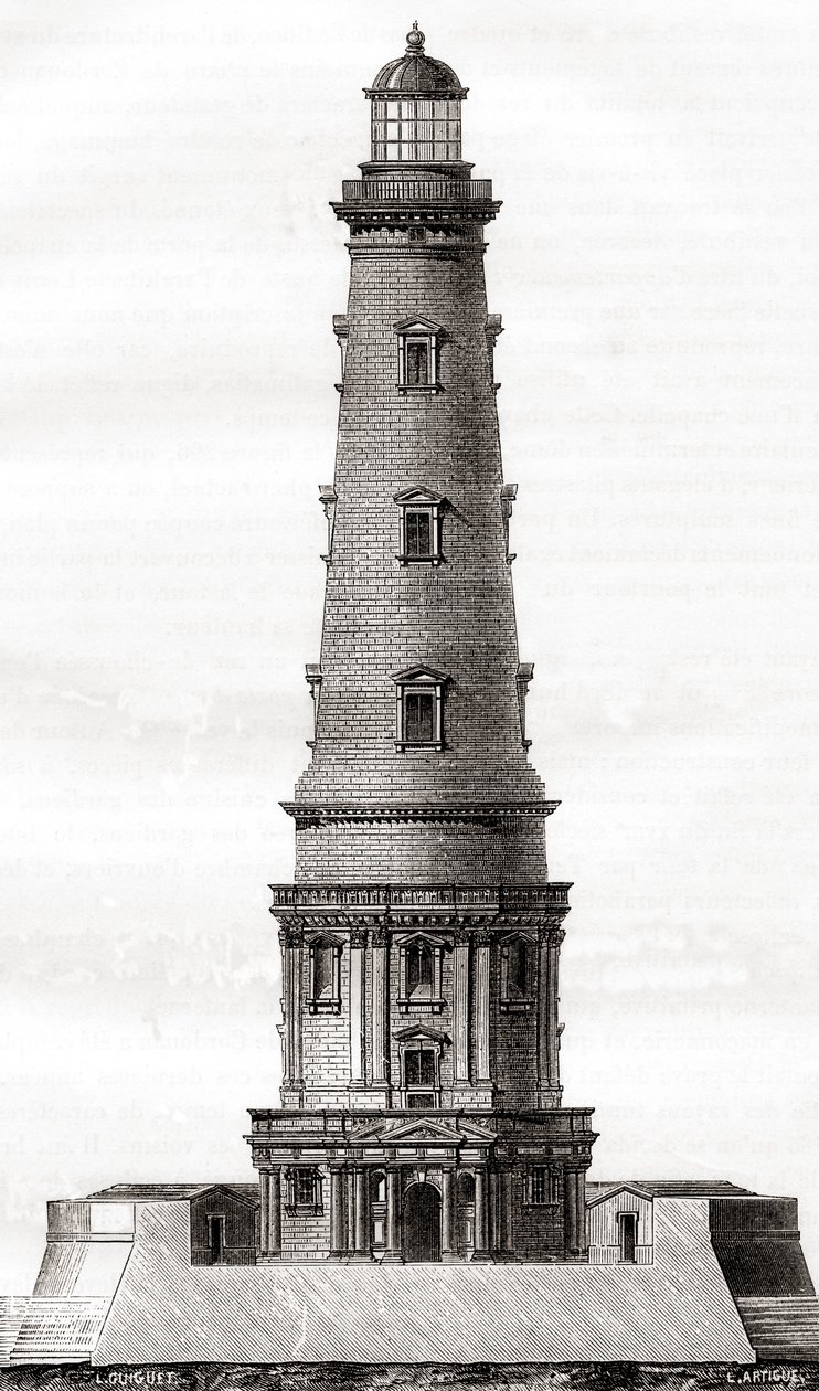 El faro de Cordouan del siglo XVII, cerca de la desembocadura del estuario de Gironda en Francia, visto aquí después de su extensión en el siglo XVIII, de Las Maravillas de la Ciencia, publicado c.1870 (grabado) de French School