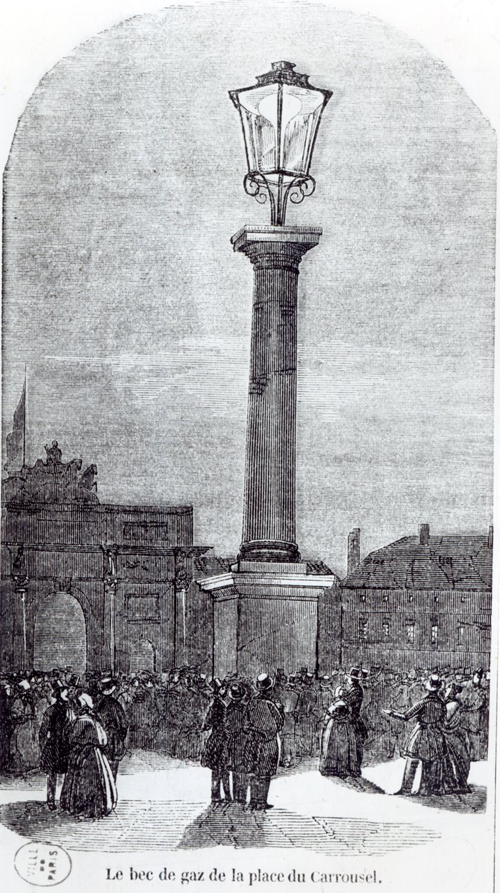 La primera lámpara de gas en París en Place du Carrousel en 1818 de French School