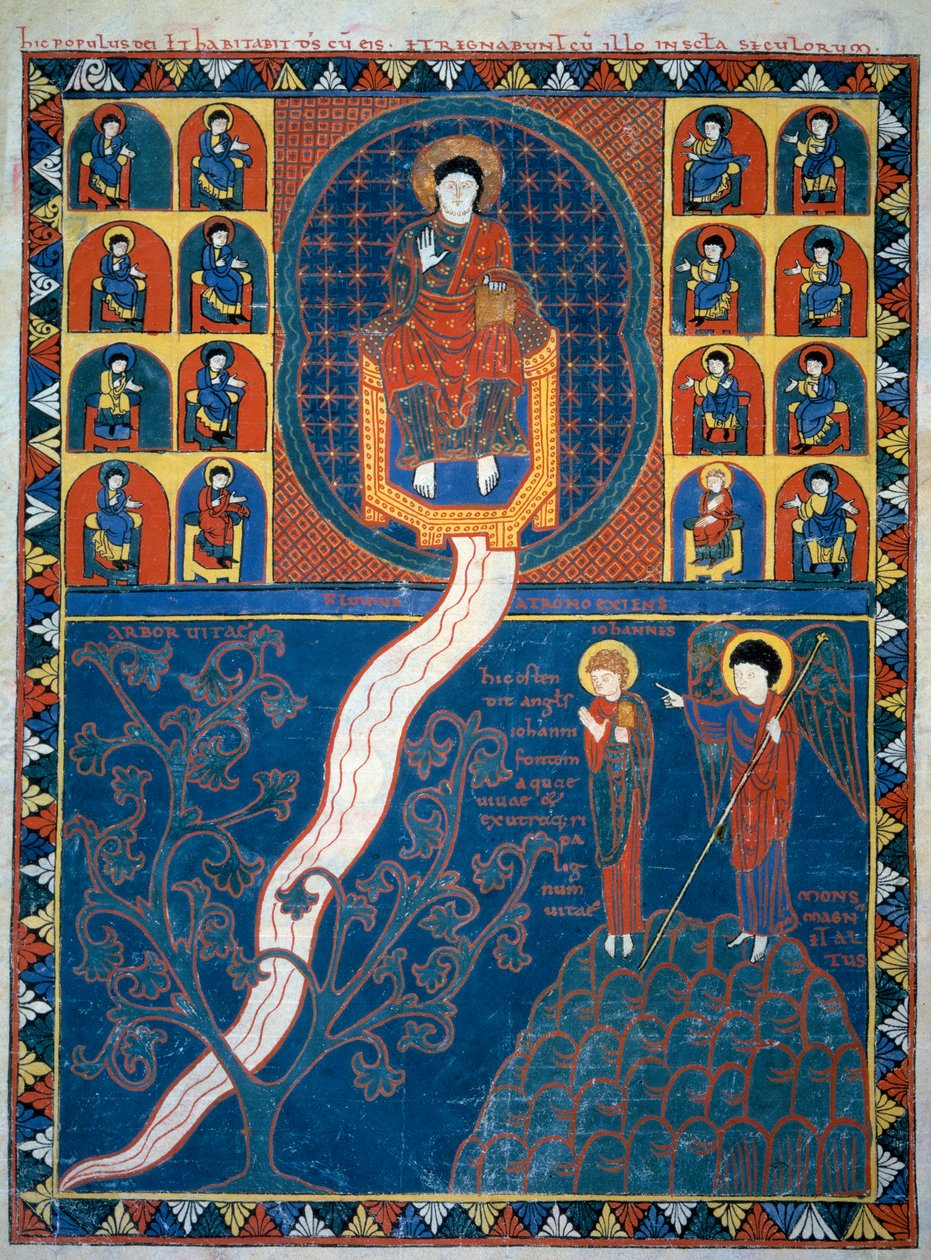 El Ángel muestra a San Juan el río de la vida que nace del trono de Dios y el Árbol de la vida en miniatura tomado de los comentarios de "El Apocalipsis según San Juan" escrito en 775 por el monje Beato de Liébana. de French School