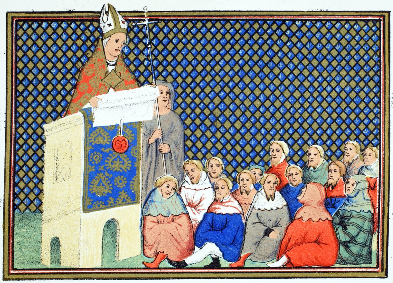 El Arzobispo de Canterbury predicando a la nobleza inglesa contra Ricardo II, copia facsímil de Le Prinse et Mort du Roy Richart por Jean Creton, reimpreso en el siglo XIX de French School