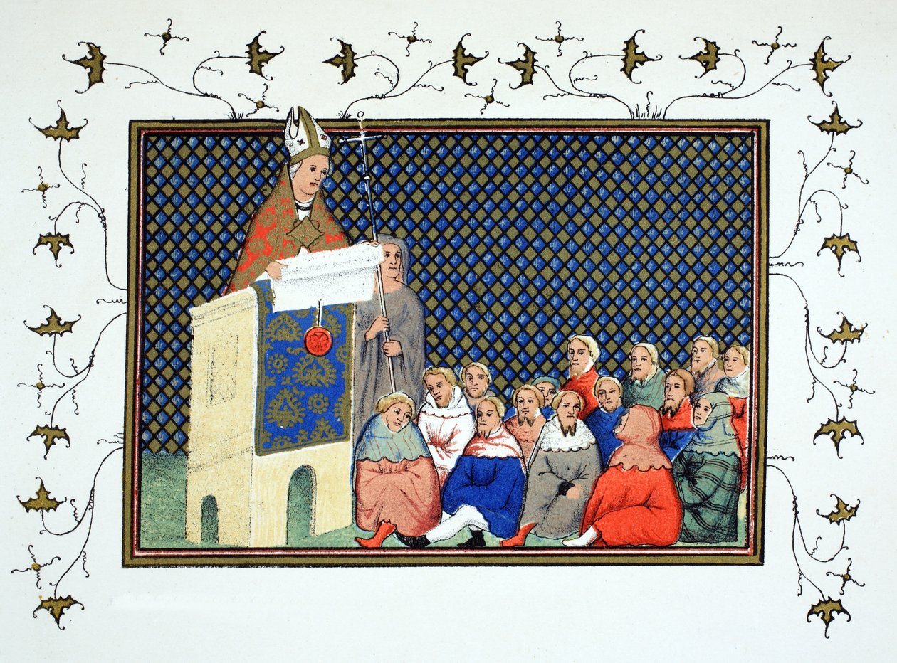 El Arzobispo de Canterbury predicando a la nobleza inglesa contra Ricardo II, copia facsímil de Le Prinse et Mort du Roy Richart por Jean Creton, reimpreso en el siglo XIX de French School