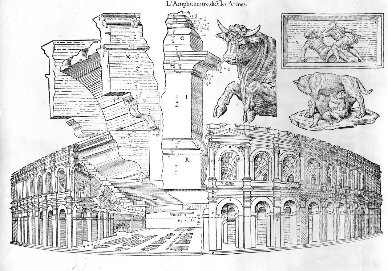 El Anfiteatro de Nimes, ilustración de Discours historial de lantique et illustre cite de Nismes de Jean Poldo d