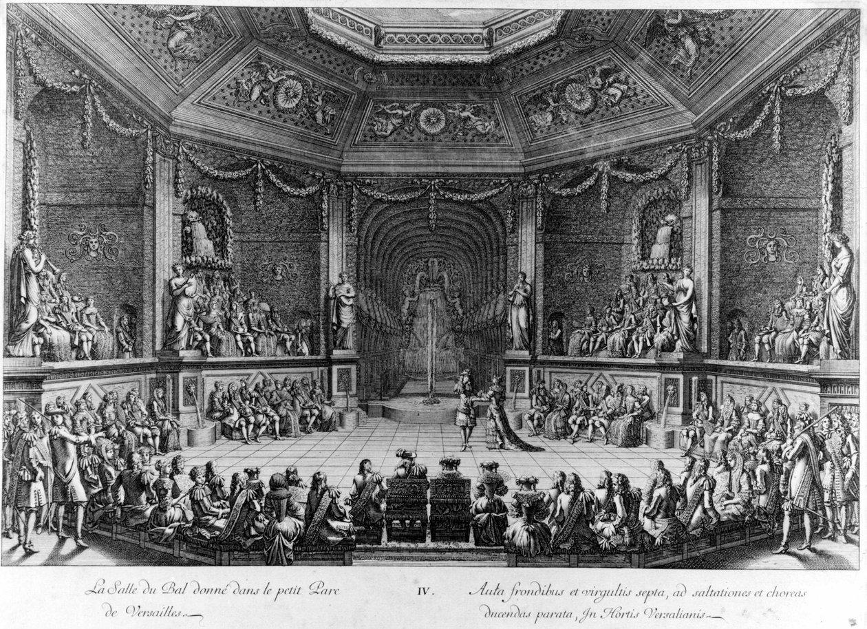 El Baile dado en el pequeño Parque de Versalles, grabado de 1678 de French School