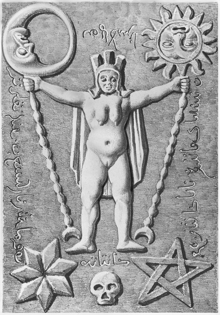 El Baphomet de los Templarios, copia de un cofre de piedra encontrado en Essarois (Borgoña) de French School