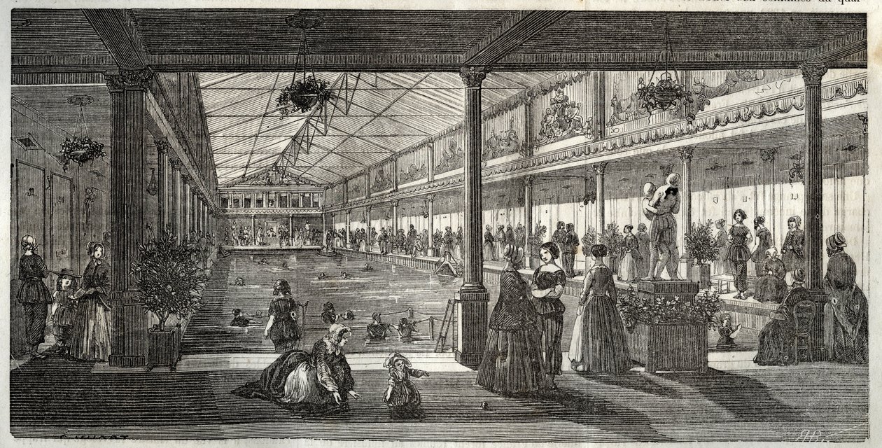 Los baños en el Hotel Lambert, Ile Saint-Louis, París, mediados del siglo XIX - Hotel Lambert, Ile Saint-Louis, escuela de natación para damas - Bain Lambert - Grabado en "Tableau-de-Paris" por Edmond Texier 1852 de French School