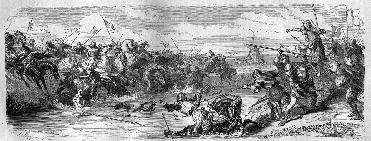 La Batalla de Kortrijk (Batalla de las Espuelas de Oro) entre el Rey de Francia y la Milicia Comunal Flamenca el 11 de julio de French School
