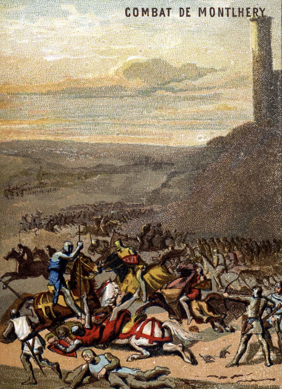 La Batalla de Montlhery (1227): Los reinos y la feudalidad - Blanca de Castilla, regente de su hijo Luis IX, aplasta la revuelta de los grandes feudales. Cromolitografía de la Serie “Patriotic Education through Image”. de French School