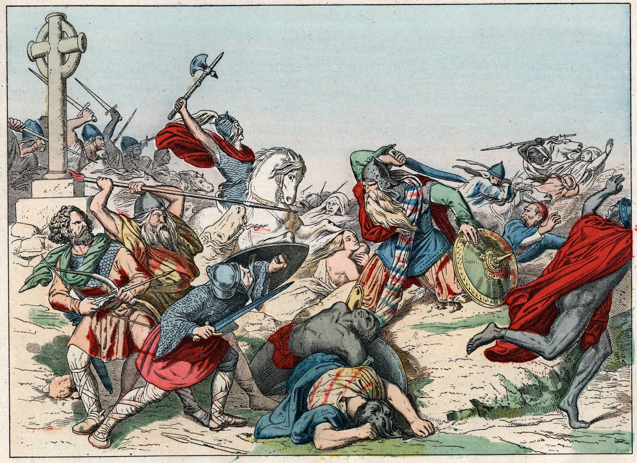 La Batalla de Poitiers el 25 de octubre de 732 ganada por Carlos Martel - La Batalla de Poitiers, 25 de octubre de 732, ganada por Carlos Martel (688-741) - Grabado de finales del siglo XIX en “Nos Gires Nationales - Imágenes y relatos” de French School
