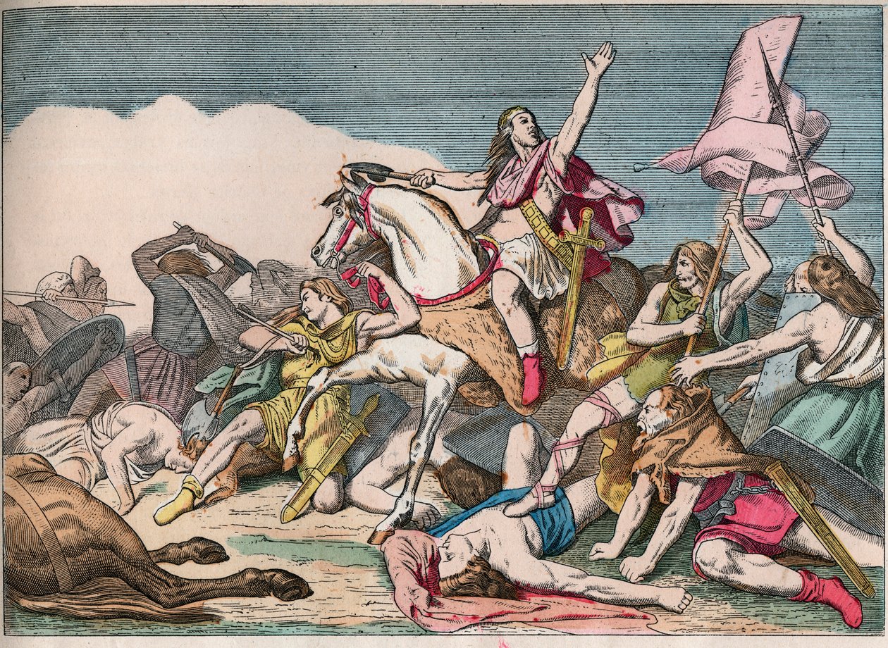 La Batalla de Tolbiac, la victoria de Clovis (466-511) sobre los Alamanes (496) - Clovis I (466-511) en la Batalla de Tolbiac, 496 d.C. - Grabado de finales del siglo XIX en "Nos Gires Nationales - Imágenes y relatos" de French School
