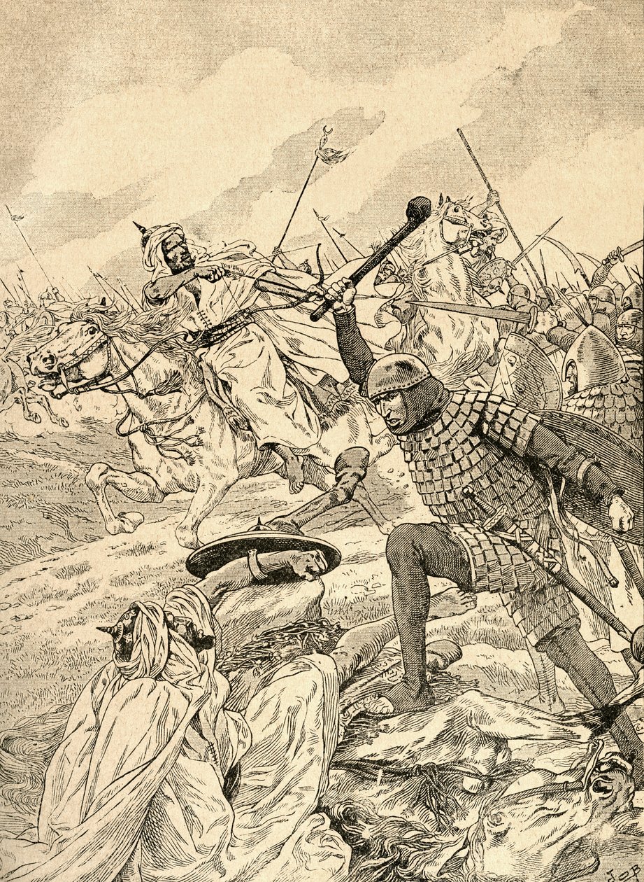 La batalla de Tours, también conocida como la batalla de Poitiers, 732. De la Agenda Buvard du Bon Marche publicada en 1917. de French School