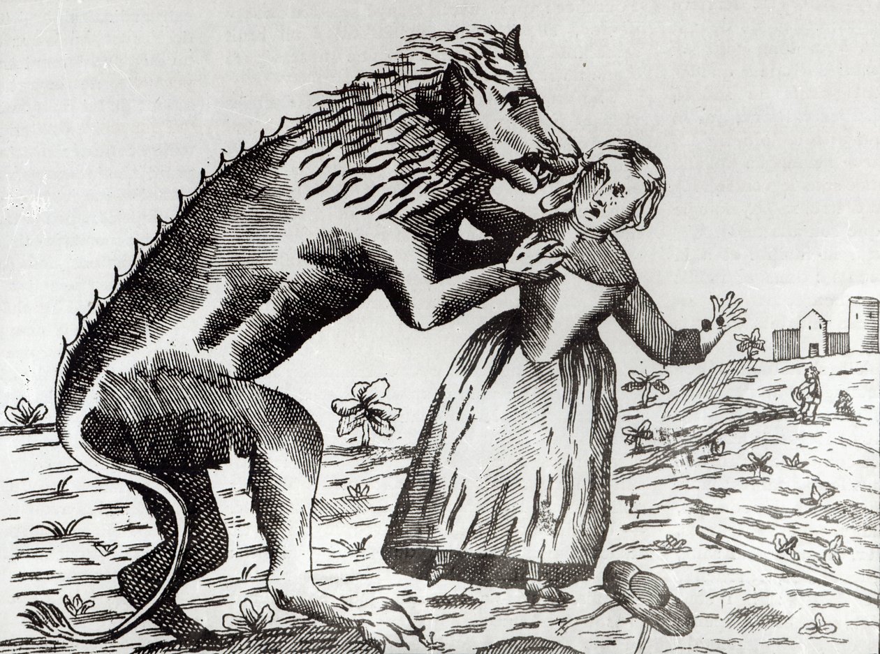 La Bestia de Gévaudan atacando a una joven de French School