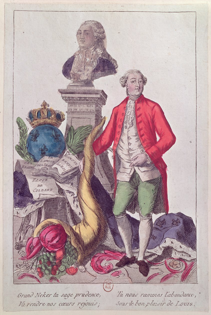 La llamada de Jacques Necker (1732-1804) 16 de julio de 1789 (grabado en color) de French School