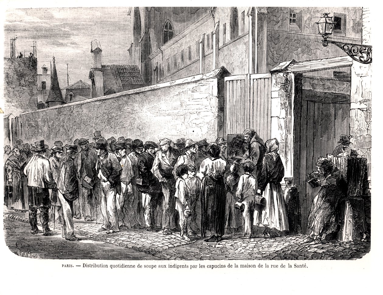 Los capuchinos de la rue de la Santé distribuyendo la sopa diaria a los pobres, de Le Monde Illustré, 1860 de French School