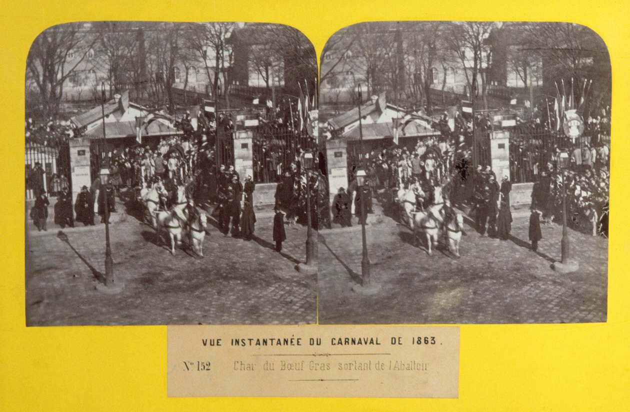 El Carnaval de 1863 en París, la carroza del buey gordo saliendo del matadero, vista estereoscópica, 1863 de French School