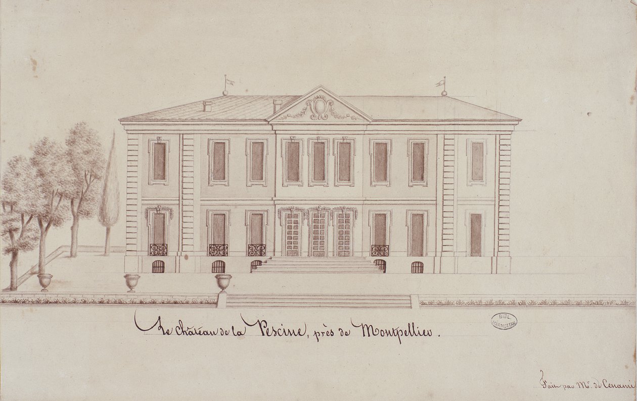 El Chateau de la Piscine, cerca de Montpellier, dibujado por Monsieur de Cenani de French School
