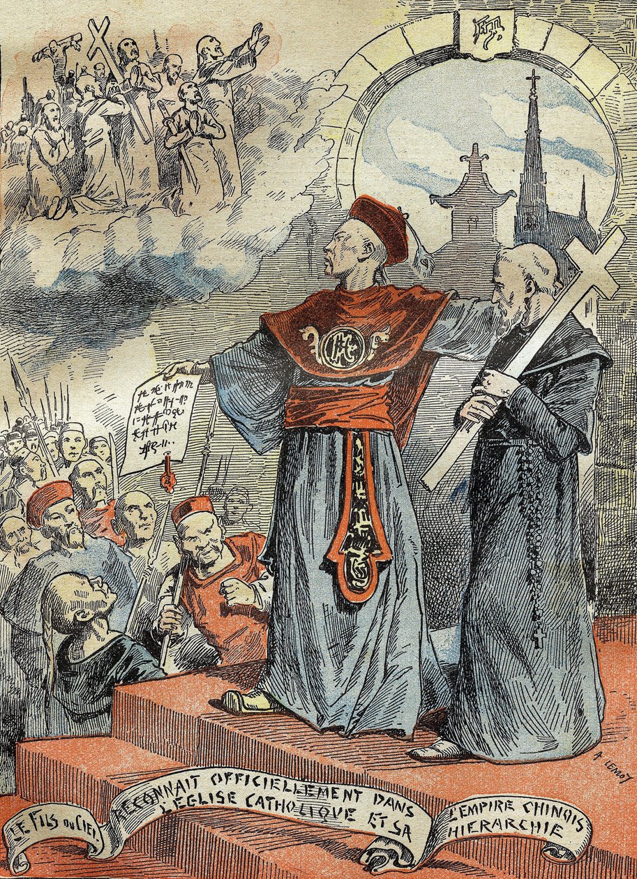 El emperador chino Guangxu (Kouang-siu o Kouang Siu) (1872-1908) reconoció oficialmente a la Iglesia Católica y su jerarquía. Grabado en “Le Pelerin” 25/05/1899. de French School