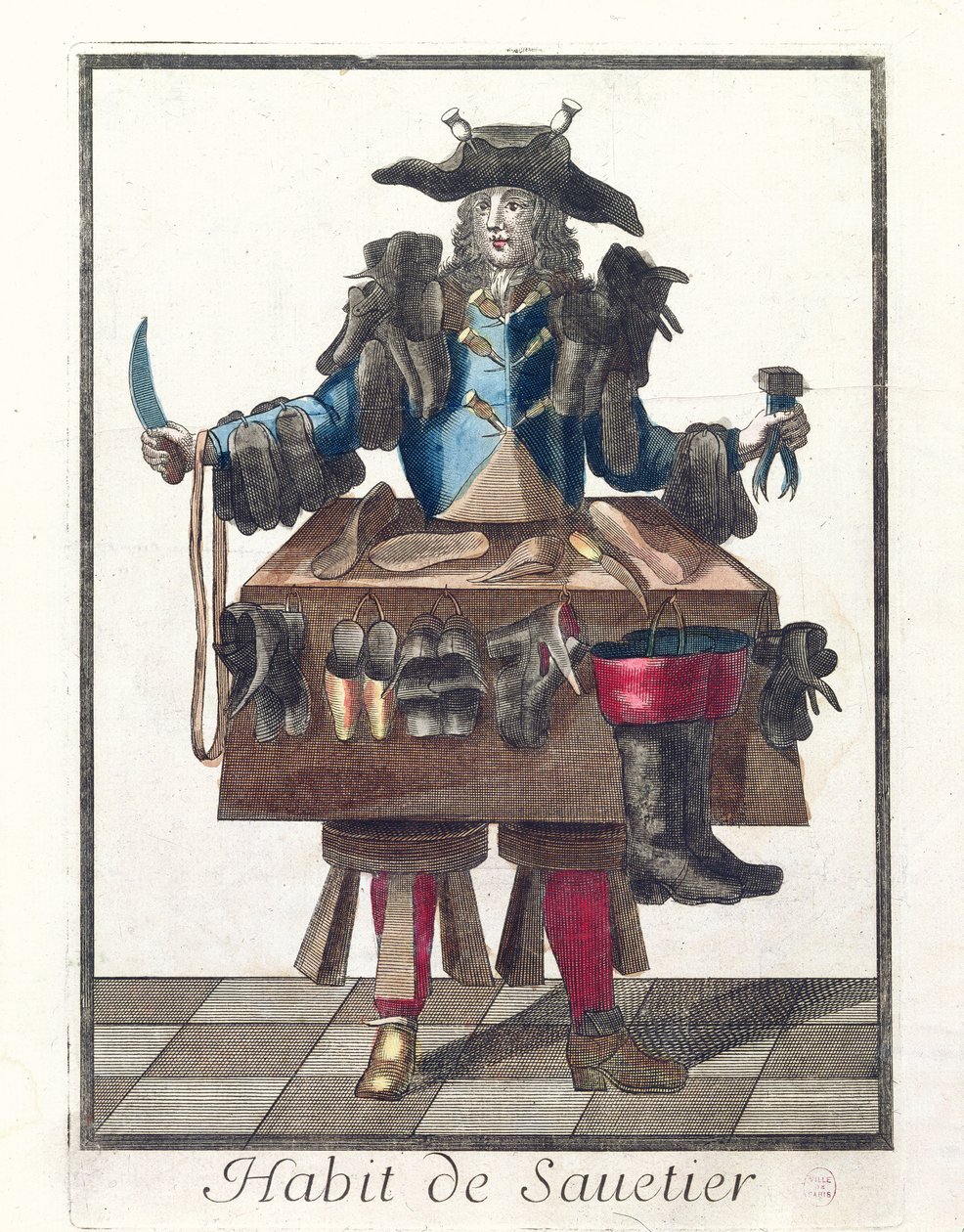 El Zapatero, un diseño de vestuario alegórico, después de una imagen grabada por uno de la familia Larmessin, c.1640-84 de French School