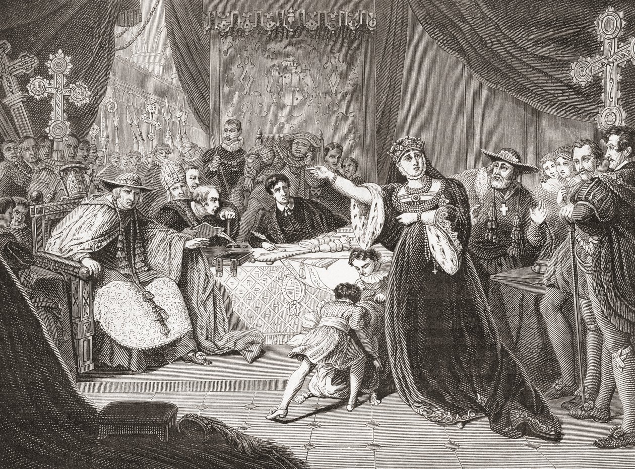 El Tribunal para el Juicio de la Reina Catalina por George Henry Harlow, representando a la Sra. Siddons como la Reina Catalina en Enrique VIII de Shakespeare. De Histoire des Peintres, École Anglaise, publicado en 1867 (litografía) de French School