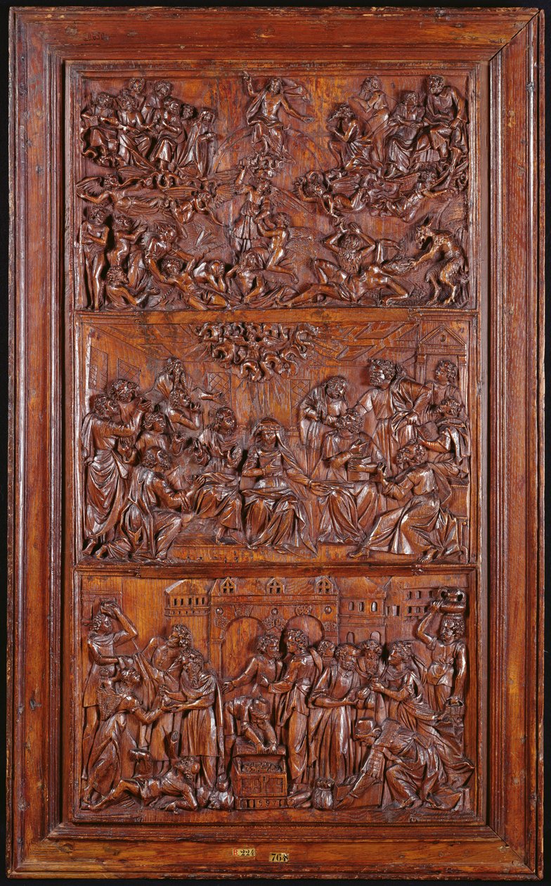 El Credo, Panel III: El Juicio Final, Pentecostés y la Comunión de los Santos, 1587 (madera) de French School