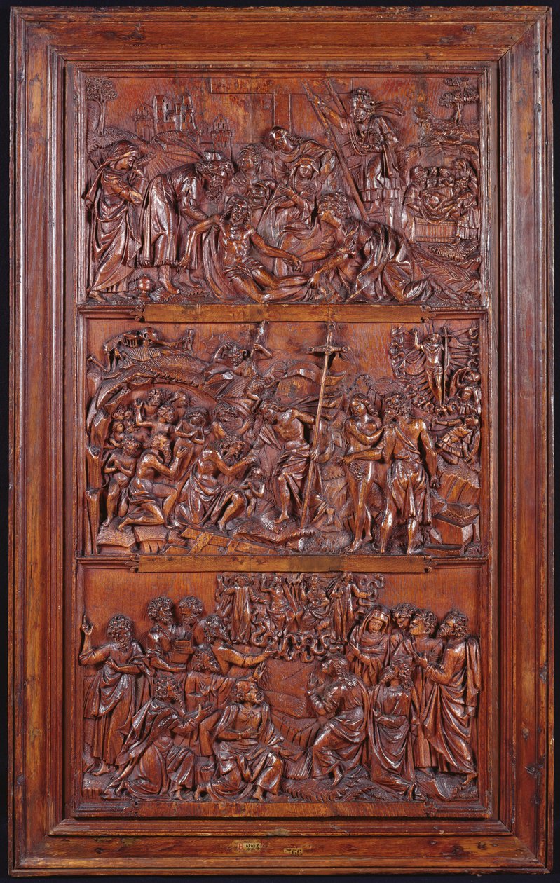 El Credo, Panel II: Descendimiento de la Cruz, Entierro, Resurrección y Descenso al Limbo y Ascensión, 1587 (madera) de French School