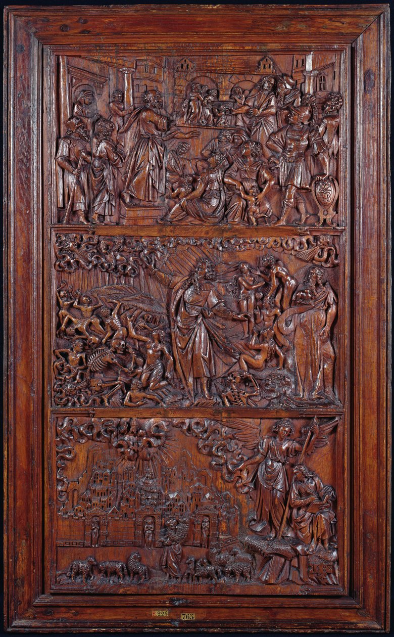 El Credo, Panel IV: La Remisión de los Pecados, Visión de los Huesos Secos de Ezequiel y Visión de Jerusalén de San Juan, 1587 (madera) de French School