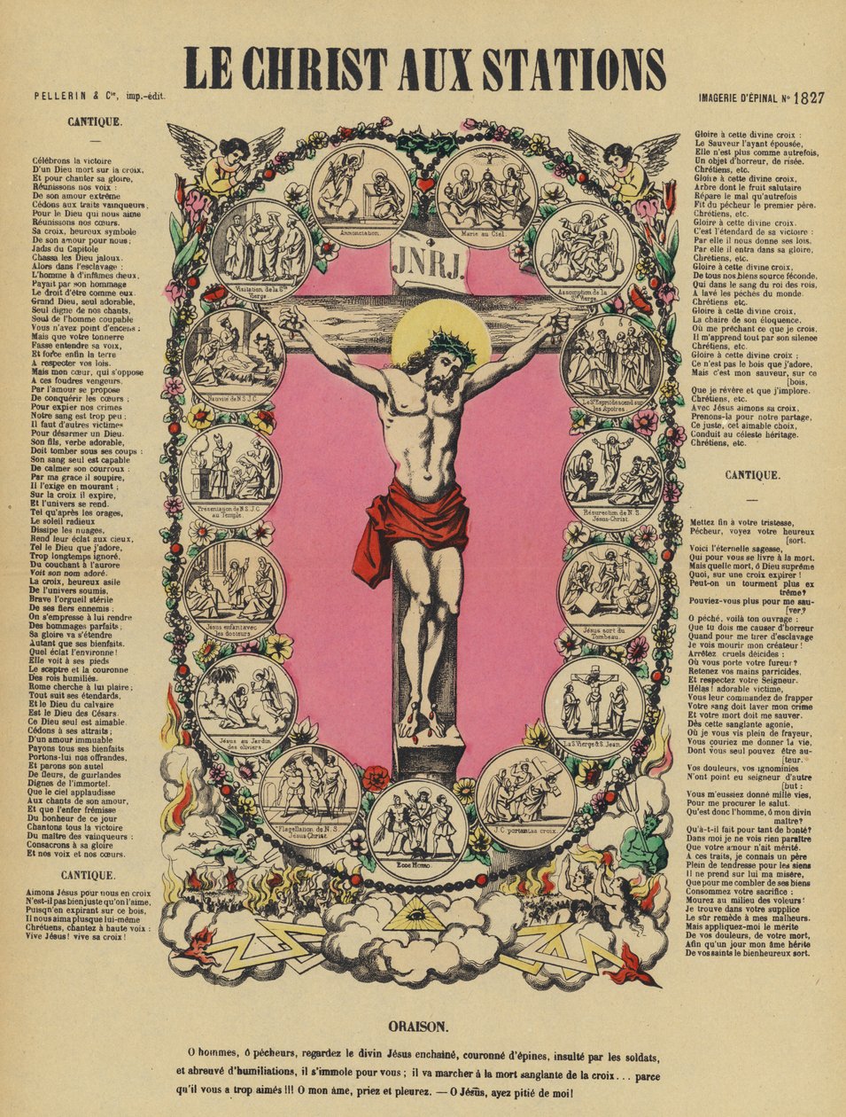 La Crucifixión de Jesús y el Vía Crucis (litografía en color) de French School