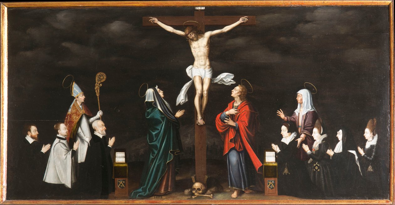 La Crucifixión, retratos de donantes. Tríptico de Aubery de French School