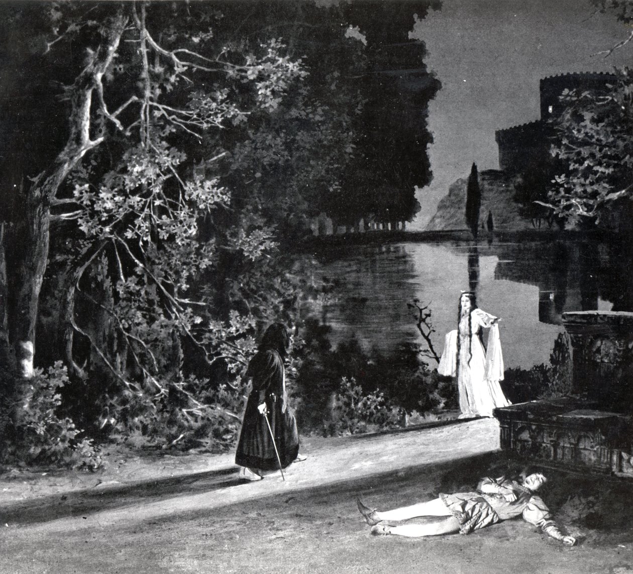 La muerte de Pelleas, Acto IV, Escena 4 de Pelleas et Melisande de Debussy, ilustración en la revista Theatre, junio de 1902 de French School
