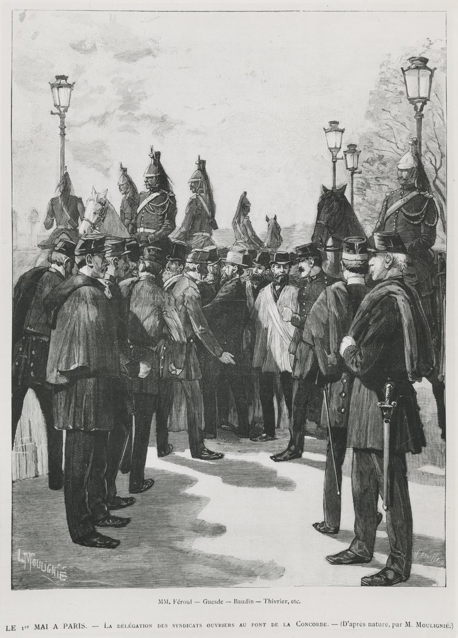 La delegación de los sindicatos en el Puente de la Concordia durante la manifestación del 1 de mayo en París, 1 de mayo de 1890, grabado por L. Moulignie de French School