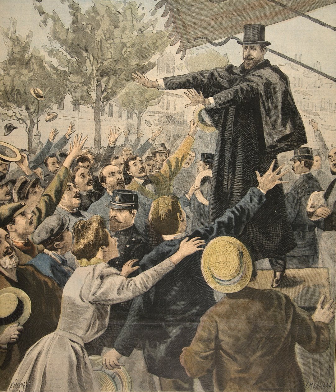 La reunión de Deroulede: a la salida, ilustración de Le Petit Journal: Supplement illustre, 9 de octubre de 1898 de French School